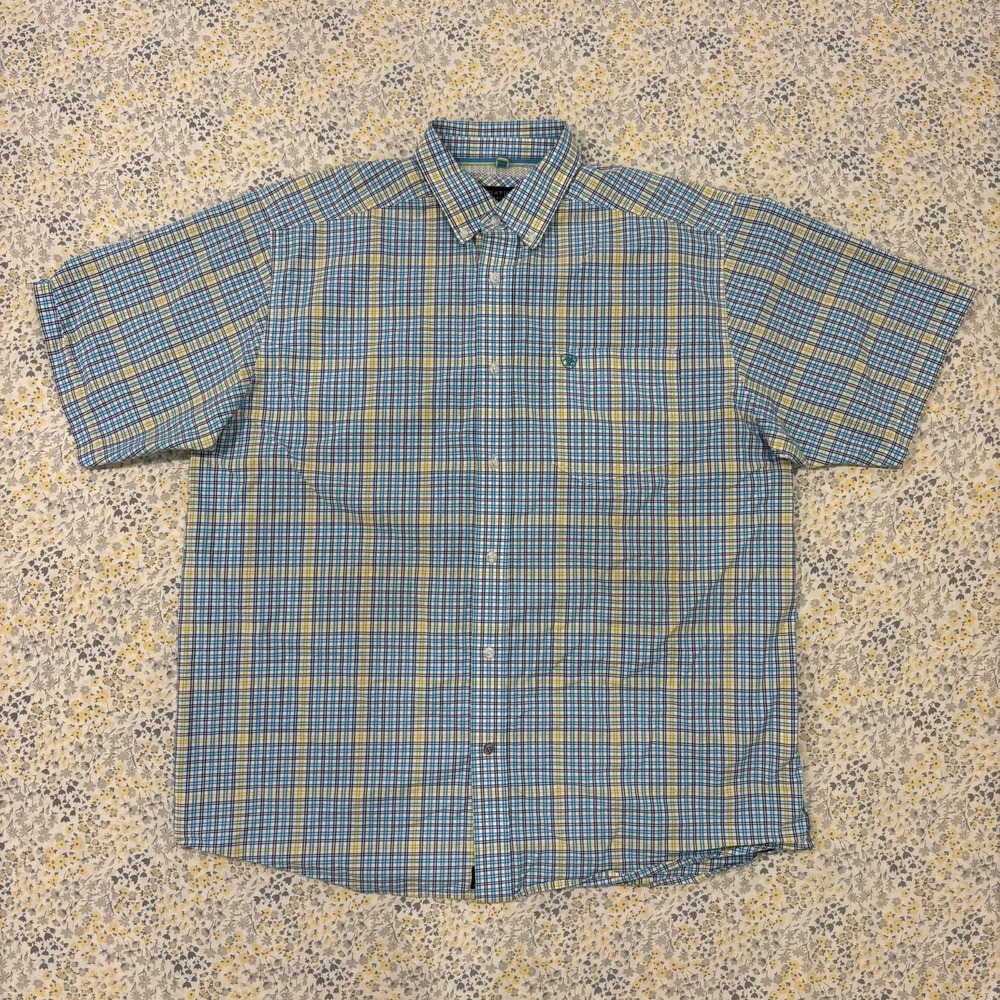 Ariat Pro Series Button Down Shirt Mens Size XL Blue Yellow Plaid Vented Wicking